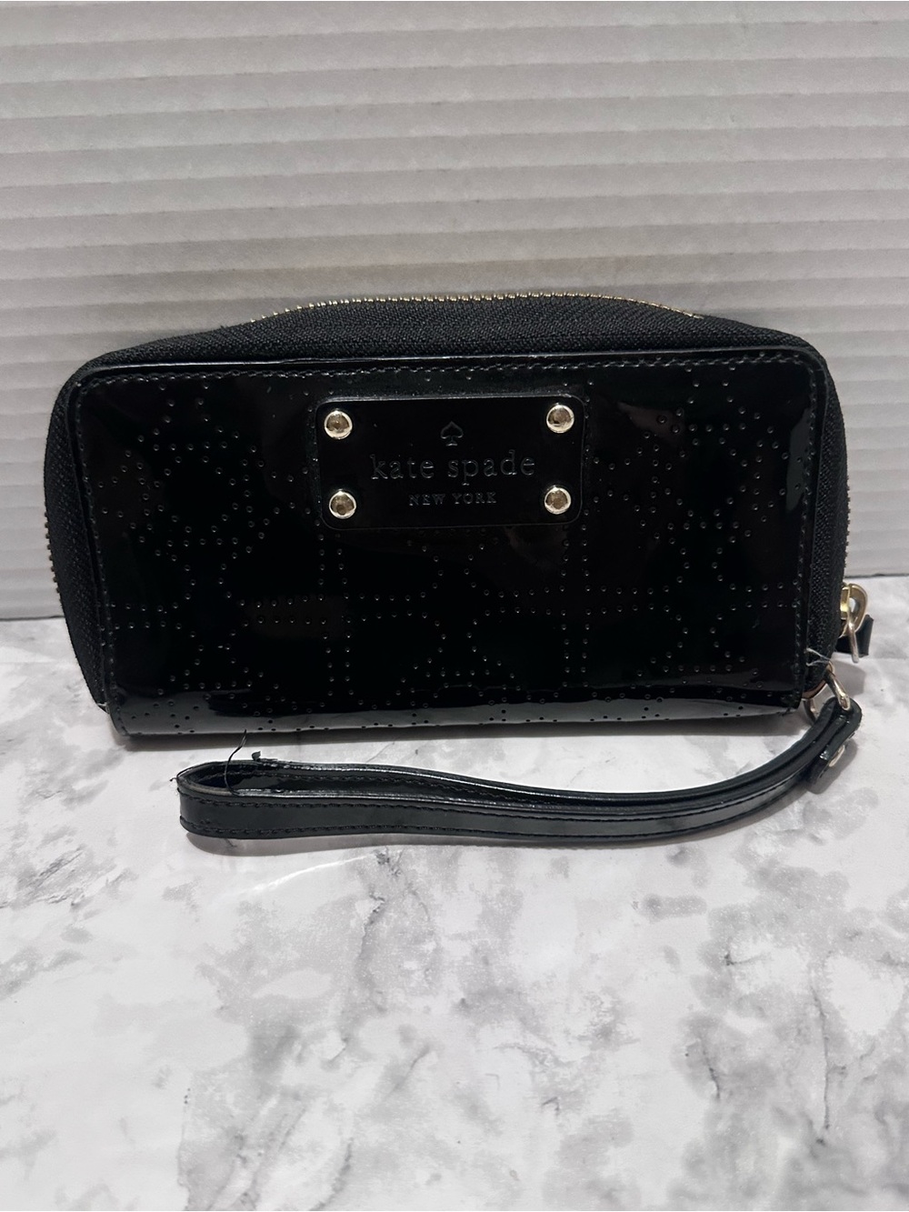 Kate Spade New York Black Patent Wristlet Clutch with Stud Plaque